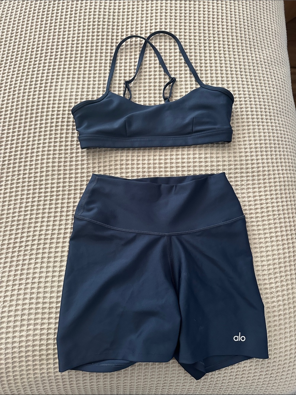 ALO Yoga Navy Blue Sports Bra and High-Waist Shorts Set - Picture 1 of 2